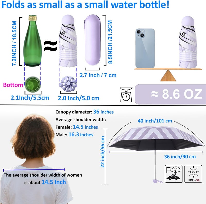 BAODINI Travel Essentials Mini Umbrella for Purse With Case Small Compact UV Sun Protection Lightweight Tiny Pocket Manual Open Close Umbrella for Women Kids and Men Fits Purse Backpack - Image 4